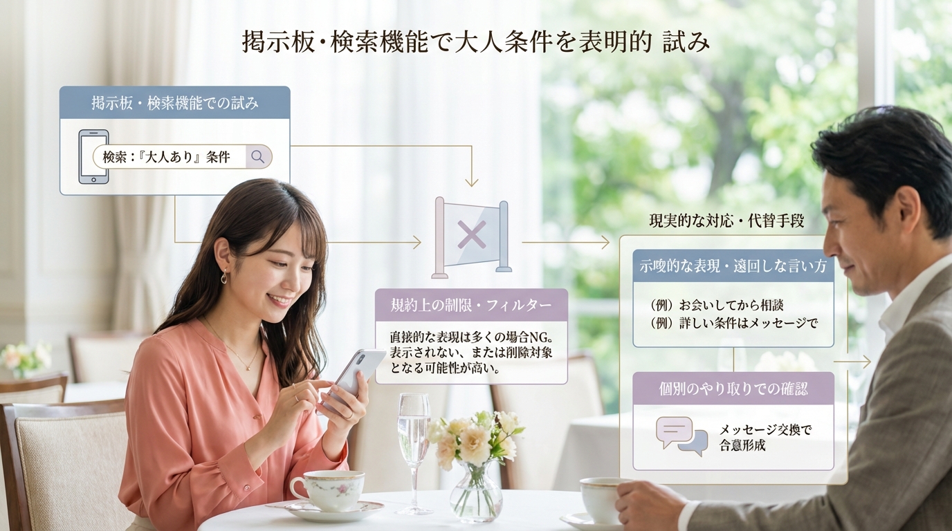 掲示板や検索機能で「大人あり」の条件を明示できるか